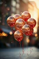 Red baloons, bokeh in backround, shallow depth of field. AI generative photo