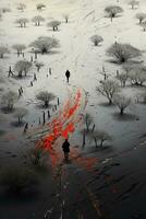 Surreal minimalism aerial view, top view looking down at a man in black walking in the snow with a bit of red paint trailing behind him. AI generative photo