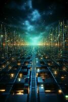 Technological lines, sense of lines, big data, blue, green. AI generative photo