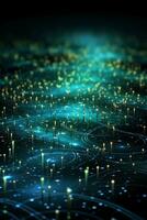 Technological lines, sense of lines, big data, blue, green. AI generative photo