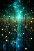 Technological lines, sense of lines, big data, blue, green. AI generative photo