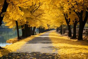 Ginkgo Avenue in autumn, ginkgo trees by the river, golden in color. AI generative photo