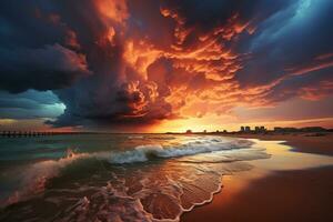 un Tormentoso cielo y nubes reflejado en agua. ai generativo foto