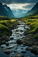 beautiful grassy mountains with bright blue flowing lights. AI generative photo