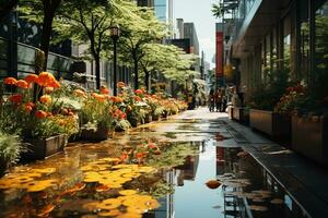 soleado día después el lluvia, urbano vivir, moderno ciudad. ai generativo foto