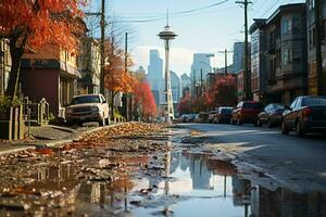 Sunny day after the rain, urban live, modern city. AI generative photo