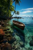 Tropical Island with traditional fishing boats. AI generative photo