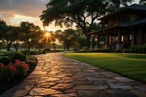 well maintained and manicured yard at sunrise. AI generative photo