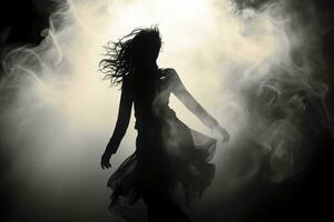 Woman vaguely visible silhouette through thick fog, dynamic pose. AI generative photo