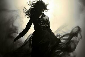 Woman vaguely visible silhouette through thick fog, dynamic pose. AI generative photo