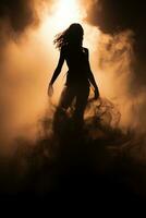 Woman vaguely visible silhouette through thick fog, dynamic pose. AI generative photo