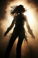 Woman vaguely visible silhouette through thick fog, dynamic pose. AI generative photo