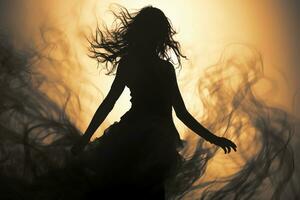 Woman vaguely visible silhouette through thick fog, dynamic pose. AI generative photo