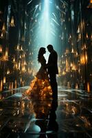 Amazing multiple exposures of a couple dancing in a futuristic hall of mirrors, the floor is shallow crystal blue water. AI generative photo