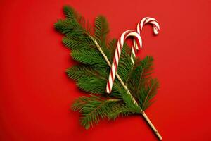 Gift box with pine branches on red background, christmas decoration. Generative AI photo