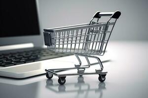 Illustration of shopping cart and laptop, online stores concept, background. Generative AI photo