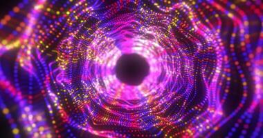 Abstract purple energy tunnel made of particles and a grid of high-tech lines with a glowing background effect photo