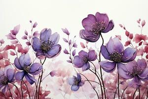 Beautiful detailed and detached small spaced purple flowers on a white background. AI generative photo