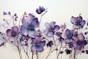 Beautiful detailed and detached small spaced purple flowers on a white background. AI generative photo