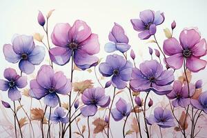 Beautiful detailed and detached small spaced purple flowers on a white background. AI generative photo