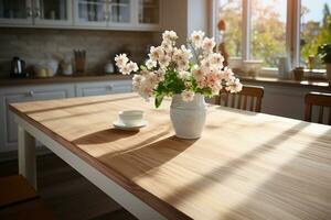 en blanco de madera mesa parte superior con difuminar antecedentes de blanco cocina. ai generativo foto