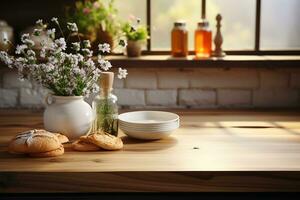 en blanco de madera mesa parte superior con difuminar antecedentes de blanco cocina. ai generativo foto