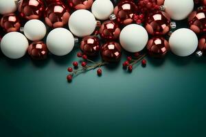 Christmas, photography, copy space for text, red, green, white background. AI generative photo