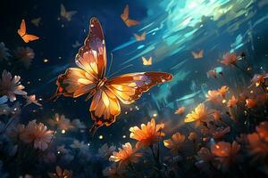 Flower meadow, anime style, Butterfly. AI generative photo