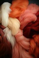 Large pile of red and brown yarns. AI generative photo