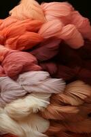 Large pile of red and brown yarns. AI generative photo