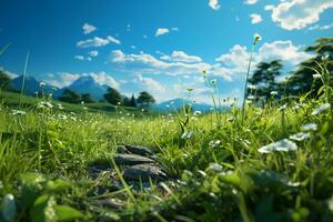 Grass, blue sky. AI generative photo