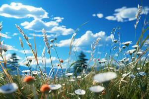 Grass, blue sky. AI generative photo