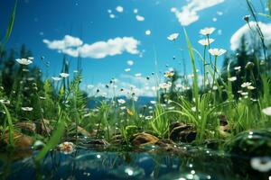 Grass, blue sky. AI generative photo