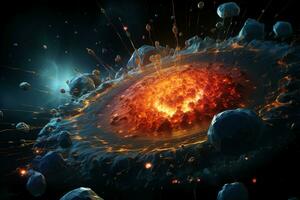 The view of a particle beam from a particle accelerator attacking cancer cells. AI generative photo