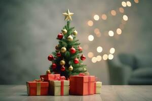 Christmas tree and gifts, bokeh background, Christmas decoration, digital illustration. Generative AI photo