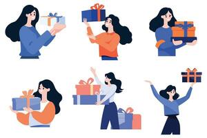 Hand Drawn female character with gift box in flat style vector