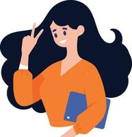 Hand Drawn Female character holding a tablet or smartphone in flat style vector