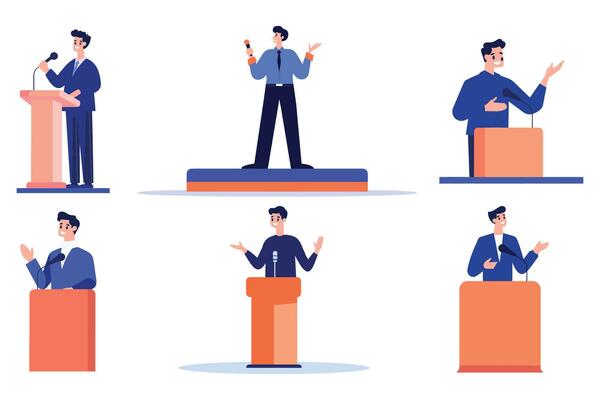 Hand Drawn Businessman speaking on the podium in flat style
