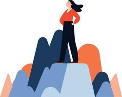 Hand Drawn Businessman standing on top of the mountain of success in flat style vector