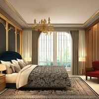 luxurious bedroom interior with luxurious blanket, carpet and chandelier AI Generative photo