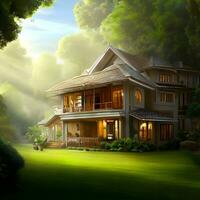 Beautiful natural lightening house exterior with green courtyard , grass and trees AI Generative photo