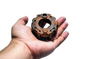Hand with gear, ingenuity concept, background. Generative AI photo