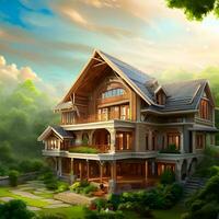 Fantastic house exterior with beautiful natural environment AI Generative photo