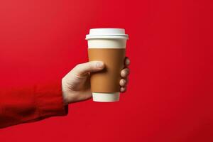 Hand holding coffee cup, red background. Generative AI photo