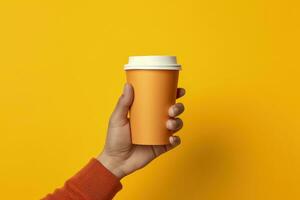 Hand holding coffee cup, yellow background. Generative AI photo