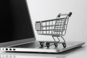 Illustration of shopping cart and laptop, online stores concept, background. Generative AI photo