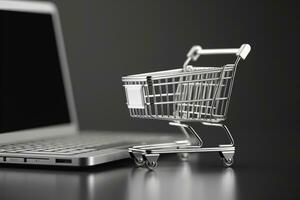 Illustration of shopping cart and laptop, online stores concept, background. Generative AI photo