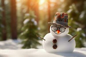 Snowman in hat and scarf, christmas concept, bokeh background. Generative AI photo