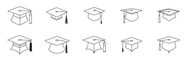 Graduation hats set. Collection doodle graduation set. Hand drawn outline graduation hats isolated on white background. Vector illustration.