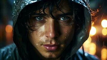 A young man in a hood in the evening in the rain, close-up of his face photo